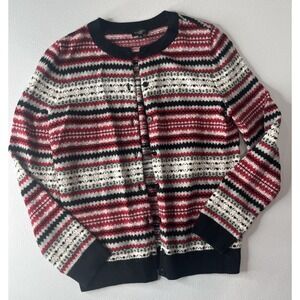 Talbots Fair Isle Stripe Cardigan Womens Sz Small Petite Red Button‎ Up Sweater